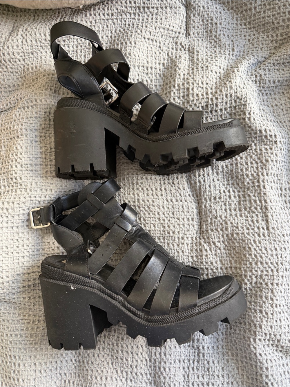Black Chunky Gladiator Heel Sandals - Women